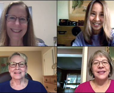 Mary O’Leary Wiley Ph.D. ’82, Lydia Minatoya Ph.D. ’81, Marcella (Chela) Mendoza Patterson M.A. ’79 and Jean Joyce-Brady Ph.D. ’83 during a monthly Zoom get-together.